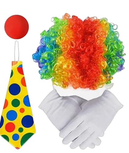 Axvxby 4 Stück Clown Clown-Kostüm-Set, Clown-Lockenperücke + Clownnase + bunte Krawatte + HandschuheClown-Accessoires für Halloween, Cosplay, Karneval, Zirkusshow von Axvxby