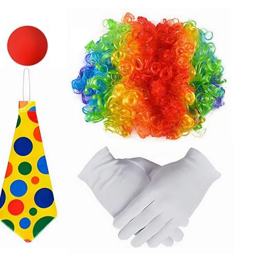 Axvxby 4 Stück Clown Kostüm Set mit bunten Clown Haaren, Clown Nase, Clown Fliege, Krawatte und Handschuhen, Clown Zubehör für Damen und Herren, Karneval Cosplay Themenparty Geburtstagsfeier Axvxby 4 Stück Clown Kostüm Set mit bunten Clown Haaren, Clown Nase, Clown Fliege, Krawatte und Handschuhen, Clown Zubehör für Damen und Herren, Karneval Cosplay Themenparty Geburtstagsfeier von Axvxby