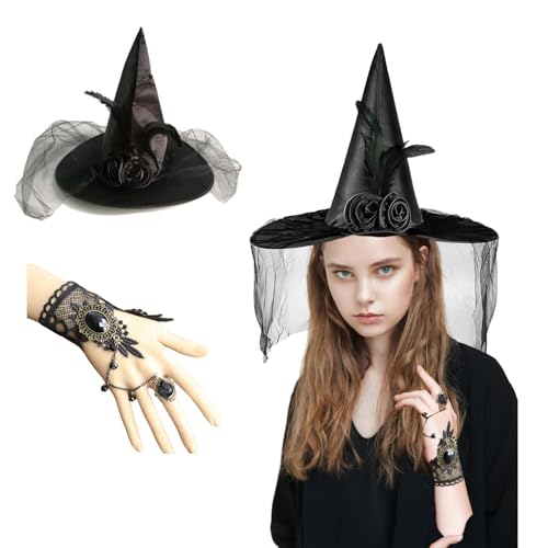 Axvxby Hexenhut und Gothic Handschuhe Set - Schwarzer Hexenhut mit Rose und Vintage-Spitzenarmband - Halloween, Fasching, Cosplay und Kostümpartys von Axvxby