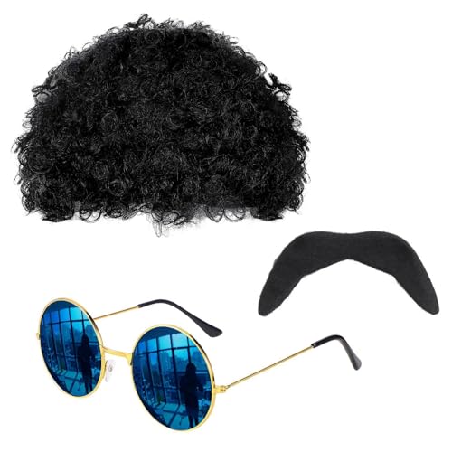 Axvxby Hippie Kostüm Set, Afro Perücke, runde Sonnenbrille, Schnurrbart, Hip Hop Disco Kostüm Accessoires für Karnevalspartys im 70er Jahre Stil für Männer und Frauen Axvxby Hippie Kostüm Set, Afro Perücke, runde Sonnenbrille, Schnurrbart, Hip Hop Disco Kostüm Accessoires für Karnevalspartys im 70er Jahre Stil für Männer und Frauen von Axvxby