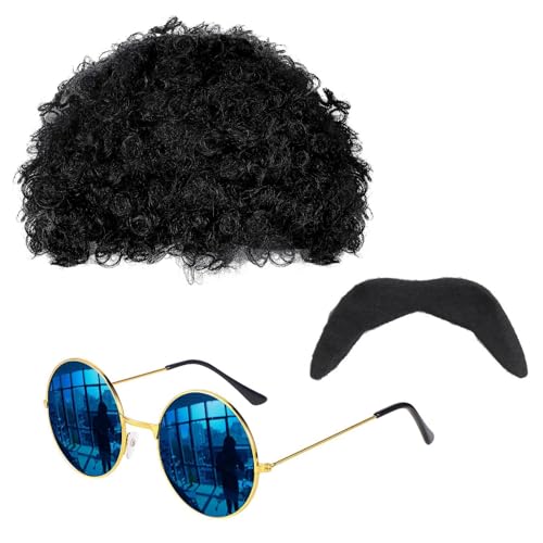 Axvxby Hippie Kostüm Set, Afro Perücke, runde Sonnenbrille, Schnurrbart, Hip Hop Disco Kostüm Accessoires für Karnevalspartys im 70er Jahre Stil für Männer und Frauen von Axvxby