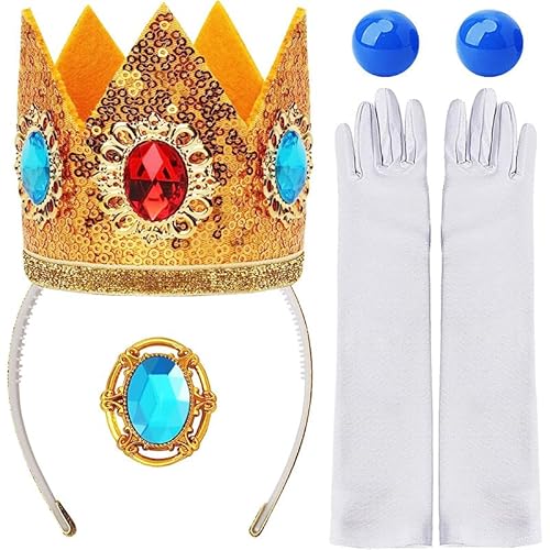 Axvxby Prinzessin Peach Kostümzubehör，4-teiliges Set für Damen Mädchen Prinzessin Kostüm Krone Ohrringe Handschuhe Brosche für Karneval Geburtstag Party Cosplay Dress Up von Axvxby