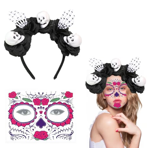 Ayizhiniu Dia De Los Muertos Haarreif mit Temporäre Gesichtstattoos, Tag Der Toten Haarreif, Halloween Rosen Haarband, Damen Tag der Toten Haarschmuck für Fasching Karneval Halloween (A) von Ayizhiniu