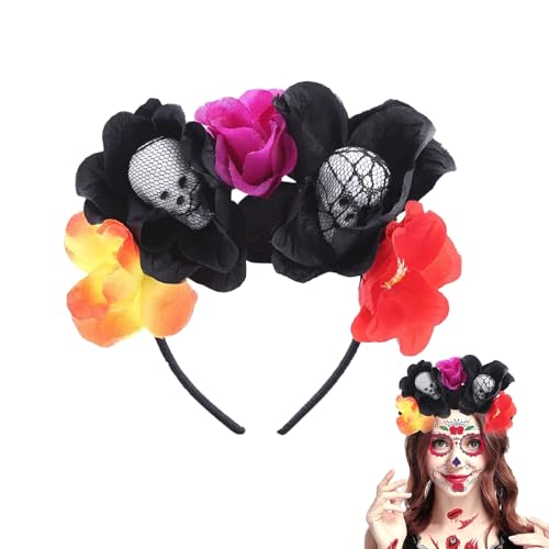 Ayizhiniu Dia De Los Muertos Haarreif mit Temporäre Gesichtstattoos, Tag Der Toten Haarreif, Halloween Rosen Haarband, Damen Tag der Toten Haarschmuck für Fasching Karneval Halloween (B) von Ayizhiniu