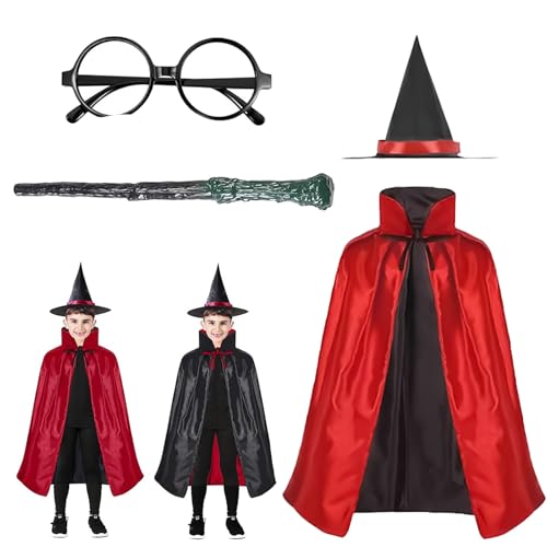 Ayizhiniu Zauberumhang Kinder Set, Doppelter Umhang mit Hut, Kinderhochkap Doppelseite Vampire Umhang, Zauberumhang mit Zauberstab und Brille, Anwendbar Halloween Verkleiden Cosplay Kostüm von Ayizhiniu