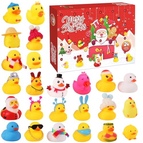 Ayizhiniu Gummienten Adventskalender 2024, Weihnachtskalender Enten, 24 Tage Adventskalender Kleine Gelbe Ente, Cute Rubber Duck Bath Quetsch Toys, Geeignet Begleiten Kinder beim Baden von Ayizhiniu