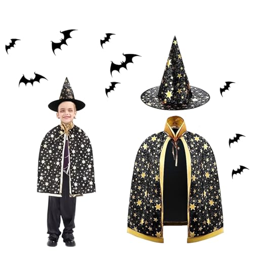 Ayizhiniu Hexe Zauberer Umhang, Halloween Zauberumhang Kostüm Kinder, Schwarz Zauberumhang mit Hut, Hexenumhang mit Zauberstab Magic, Brille, Geeignet Halloween Cosplay Requisiten von Ayizhiniu