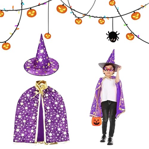 Ayizhiniu Hexe Zauberer Umhang, Halloween Zauberumhang Kostüm Kinder, Schwarz Zauberumhang mit Hut, Hexenumhang mit Zauberstab Magic, Brille, Geeignet Halloween Cosplay Requisiten von Ayizhiniu