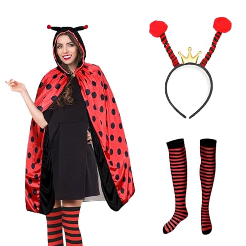 Ayizhiniu Marienkäfer Kostüm Erwachsene Damen, Marienkäfer Biene Umhang Kostüm, Schwarz Rot Marienkäfer Strumpf, Marienkäfer Cape Bringen Hut, Geeignet Weihnachtsmaskerade Rollenspiel von Ayizhiniu