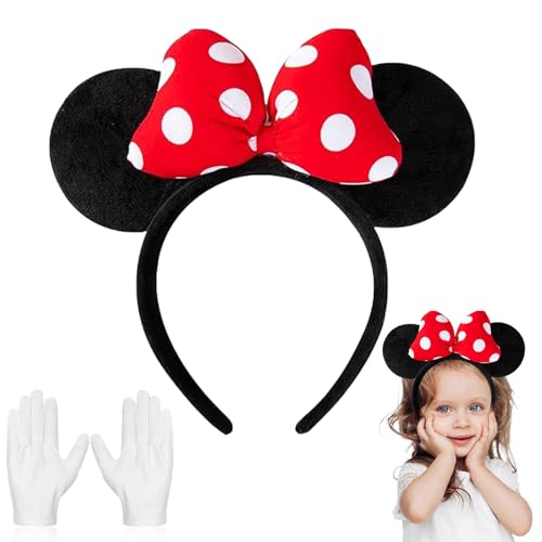 Ayizhiniu Minnie Mini Maus Ohren Kostüm Set, Rote Weiße Schleife Gepunktete Ohren mit Handschuhen, Minnie Ohren Haarreif Kostüm ， Mini Maus Kostüm Damen, Geeignet Maskerade Rollenspiel von Ayizhiniu