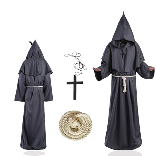 Ayizhiniu Mönch Robe Kostüm Prister Gewand Mittelalterliche Renaissance Robe mit Kapuze und Kreuz Mönchskutte für Mottoparty Halloween Cosplay (D) von Ayizhiniu