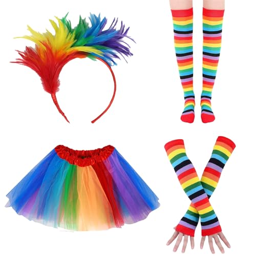 Ayizhiniu 4pcs Tüllrock Damen Regenbogen, Karneval Tüllrock Regenbogen, Bunte Feder Haarbänder, Bunt Kniestrümpfe Fingerlose Handschuhe, Anwendbar auf Karnevals Maskerade Show Bekleidung von Ayizhiniu