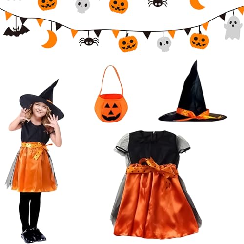 Ayizhiniu hexenkostüm mädchen, halloween kostüm kinder mit hexenhut und Sammeltasche, kostüm hexe kinder, Geeignet Halloween Karneval Maskerade Rollenspiele (A) von Ayizhiniu