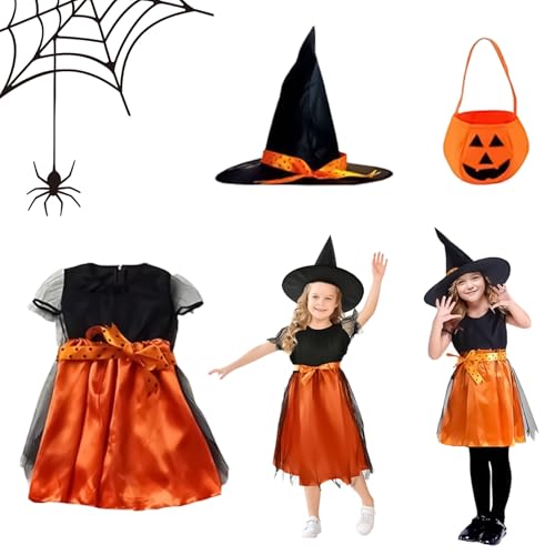 Ayizhiniu hexenkostüm mädchen, halloween kostüm kinder mit hexenhut und Sammeltasche, kostüm hexe kinder, Geeignet Halloween Karneval Maskerade Rollenspiele (D) von Ayizhiniu