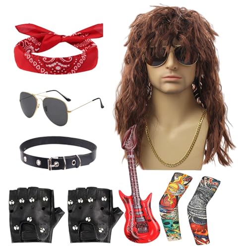 80er Jahre Rocker Kostüm, Rocker Kostüm Herren, Disco-Kostümzubehör aus Metall, 9-teiliges Halloween-80er-Jahre-Rocker-Star-Kostüm-Set, Herren-Rocker-Heavy-Metal-Kostüm für Rockkonzert, Mottoparty von Aznever