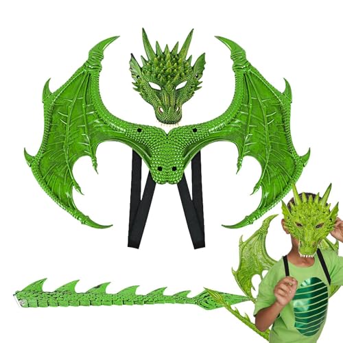 Aznever Drachenflügel-Schwanz-Kostüm-Set, Drachen-Cosplay-Requisiten,Kinder Cosplay Requisiten - Drachenflügel-Schwanz-Gesichtsbedeckung, Halloween-Cosplay-Set für Weihnachten, Ostern, Halloween von Aznever