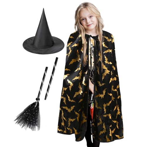 Aznever Halloween-Umhang für Kinder, Hexenkostüm für Kinder | Hexenkostüm für Mädchen 3X Set - Schwarzer Hexenhut-Besen-Kind-Umhanganzug zum Binden, exquisiter Druck für Rollenspiel-Requisiten von Aznever