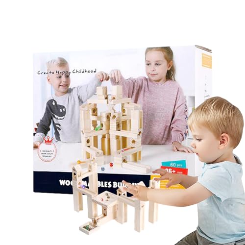 Aznever Holz-Marmorbahn,Holz-Marmorbahn,60 Kugeln Holzbausteine Spielzeug | Einfach zu verwendendes einzigartiges Holz-Marmor-Rennen STEM-Lernspielzeug für Kinder von Aznever