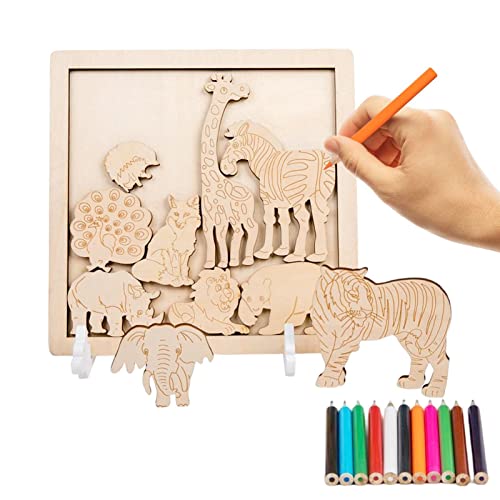 Aznever Holz-Rätsel, Holz-Puzzle-Brett - Tierkreaturen zum Ausmalen von Puzzleteilen - Kreative Montessori-Lernrätsel für Kinder, Ausmalen mit Malstift, zum Basteln von Aznever