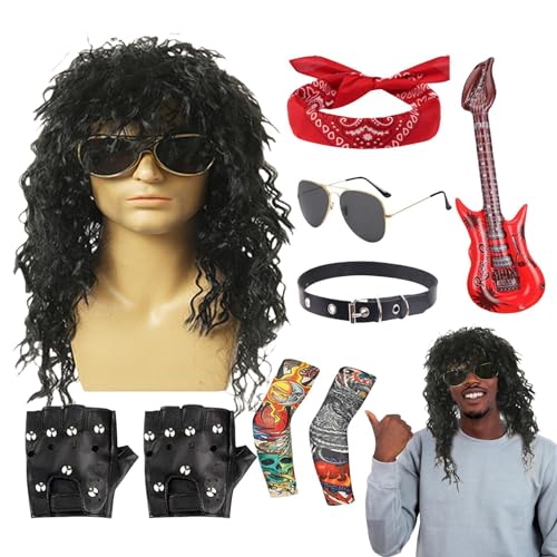 Rocker-Kostüm-Set, 80er-Jahre-Rocker-Kostüm für Herren - Rocker-Heavy-Metal-Kostüm für Herren - 70er 80er Jahre Rocker Perücken Herren Kostüm Set 9-teilig Halloween 80er Rocker Star Kostüm Set Disco R von Aznever