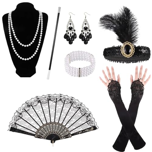 7 Stück 20er Jahre Damen Kostüm Accessoires, 20er Jahre Kleid Zubehör Set, Gatsby Accessoires Zubehör mit Stirnband Handschuhen Halskette Armband, Karneval Kostüm Damen Accessoires für Abschlussball von Azonelife