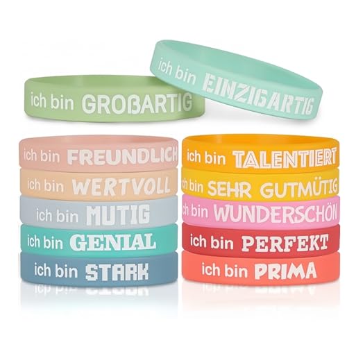 AzureRay 12 Stk Motivationsarmbänder auf Deutsch,Inspirierende Silikon Armbänder mit Positiven Sprüchen Motivierendes Silikonarmband Mutmacher Geschenk Party Mitgebsel für Kollegen Teenager von AzureRay