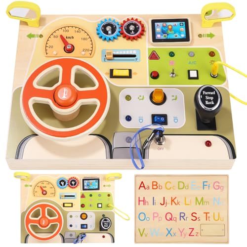 Busy Board Montessori Spielzeug mit simuliertem Lenkrad und LED-Lichtschaltern, Activity Board,Motorikbrett Holzschalttafel für Busy Board ab 1 Jahr- Geschenk für Jungen und Mädchen ab 1 2 3 4 Jahr von Azyvum