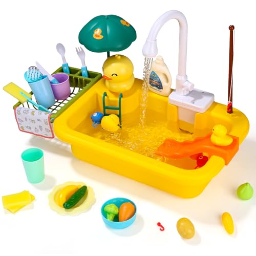 Spielspüle Spielzeug mit elektrischen Wasserhahn,kinderküche zubehör,Spielzeugzubehör für die Spielküche,schwimmendes Angelspielzeug für das Wasserspiel,Rollenspiel für Kinder von Azyvum