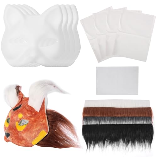 B BBPM Katzenmaske mit Fell- und Augennetz und Filzblatt, Therian-Masken, DIY-Set zum Bemalen von pelzigen Tiermasken, Ausrüstung für Halloween, Cosplay, Maskerade, Therian-Maske, Zubehör, 4 Stück von B BBPM