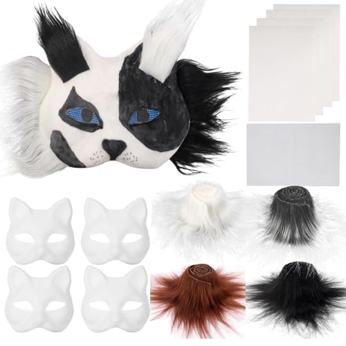 B BBPM Therian Masken-Set mit Fell- und Augennetz und Filzblatt, 4 Stück, Katzenmasken, zum Bemalen, pelzige Tiermaske, Ausrüstung für Halloween, Cosplay, Maskerade, Therian-Maske, Zubehör von B BBPM