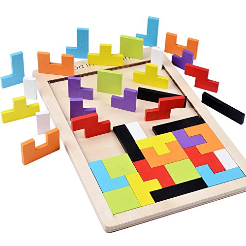 B&Julian ® Holzpuzzle Tangram Kinder Tetris Holz Puzzle Steckspiel Legespiel Brettspiel geometrisch Formen in Box Knobelspiele (1er Pack) von B&Julian