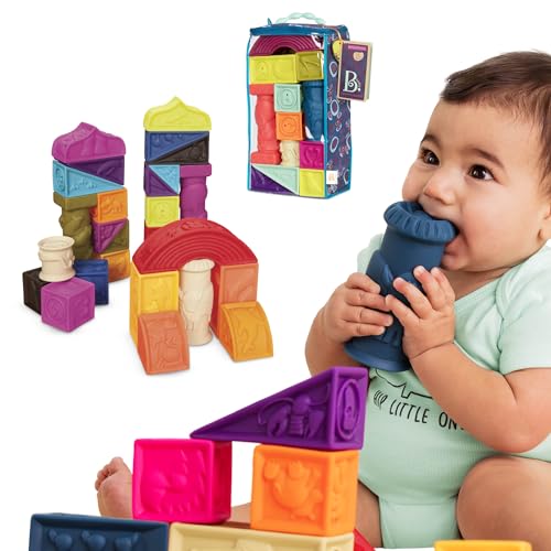 B. toys Baby Spielzeug Stapelturm, weiche Bausteine, Bauklötze Motorikspielzeug, Lernspielzeug, Spielwürfel mit Buchstaben und Tieren ab 6 Monaten, 26 Teile von B.