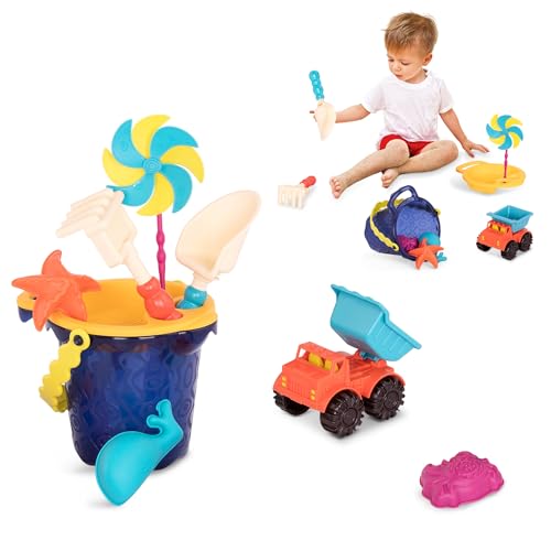 B. toys Sandspielzeug 9 Teile mit Eimer – Sandkasten Spielzeug, Strand, Spielplatz mit Schaufel, Sieb, Sandförmchen, Kipper – Spielzeug ab 18 Monaten von B.