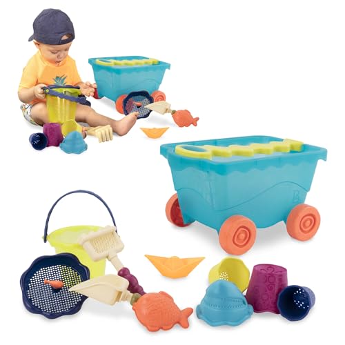 B. toys Sandspielzeug 11 Teile mit Bollerwagen – Sandkasten Spielzeug, Strand, Spielplatz mit Eimer, Schaufel, Sandförmchen – Spielzeug ab 18 Monaten von B.