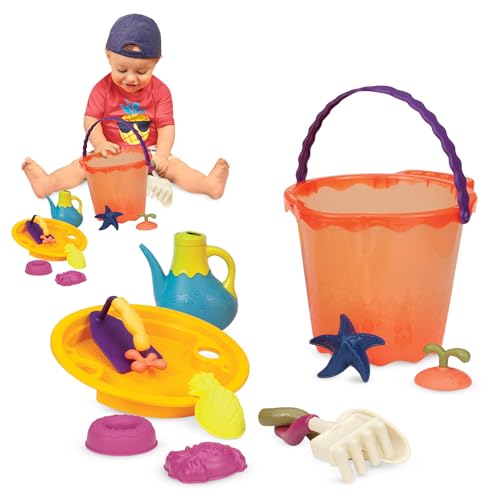 B. toys Sandspielzeug 11 Teile mit Eimer groß – Sandkasten Spielzeug, Strand, Spielplatz mit Schaufel, Sieb, Sandförmchen – Spielzeug ab 18 Monaten von B.