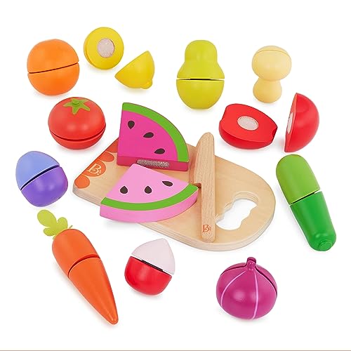 B. toys BX2334Z Pretend Set – 12 Wooden Vegetables to Cut – Sliceable Food for Toddlers, Kids Knife & Cutting Board – 2 Years + – Chop 'n' Play-Fruits & Veggies, Multi von B.