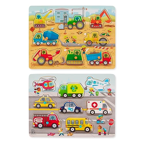 B. toys BX2356Z Wooden Peg 8-Piece Puzzles for Toddlers, Kids – Cars, 2 Years + – Peek & Explore-Construction Trucks & Vehicles, Multi von B.