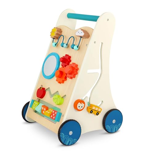 B. toys Lauflernwagen Holz – Lauflernhilfe mit Motorikschleife, Uhr, Zahlen lernen – Walker, Laufhilfe, Laufwagen, Holzspielzeug Baby Spielzeug ab 1 Jahr von B.