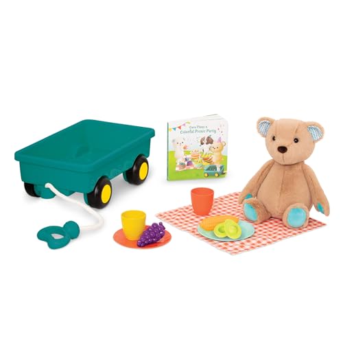 B. toys Picknick Set mit Bollerwagen, Teddybär, Spielzeug Essen, Geschirr, Bilderbuch, Picknick Decke – Kinderküche Zubehör für Kinder ab 18 Monate von B.