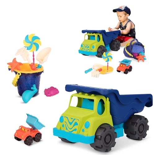 B. toys Sandspielzeug 10 Teile Großer Kipplaster mit Eimer – Sandkasten Spielzeug, Strand, Spielplatz Schaufel, Sieb, Sandförmchen – Spielzeug ab 18 Monaten von B.