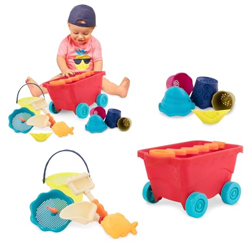 B. toys Sandspielzeug 11 Teile mit Bollerwagen Rot – Sandkasten Spielzeug, Strand, Spielplatz mit Eimer, Schaufel, Sandförmchen – Spielzeug ab 18 Monaten von B.