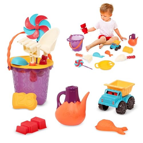 B. toys Sandspielzeug 11 Teile mit Tasche –Sandkasten Spielzeug, Strand, Spielplatz mit Eimer, Schaufel, Sandförmchen, Kipper – Spielzeug ab 18 Monaten von B.