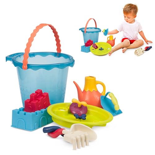 B. toys Sandspielzeug 9 Teile mit Eimer groß – Sandkasten Spielzeug, Strand, Spielplatz mit Schaufel, Sieb, Sandförmchen – Spielzeug ab 18 Monaten von B.