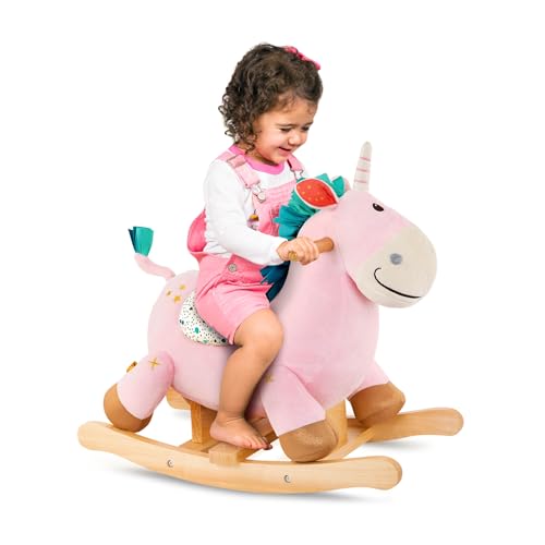 B. toys Schaukelpferd Einhorn pink aus weichem Plüsch und hochwertigem Holz, Schaukeltier zum Draufsitzen für Kinder und Babys ab 18 Monaten von B.