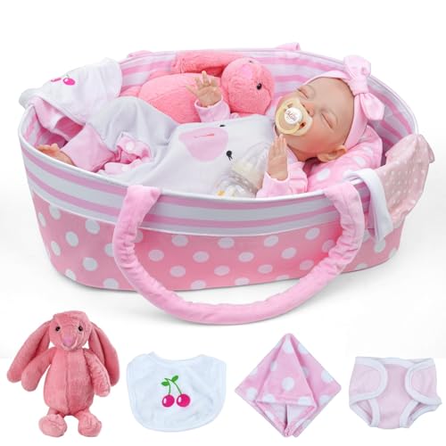 BABESIDE Realistische Baby Puppe 20 Zoll Baby Puppe Vinyl Körper Babypuppen Weiße Haut Lebensechte Baby Puppe Geschlossene Augen Lächelnde Reborn Baby Puppe Mädchen mit Bassinet von BABESIDE