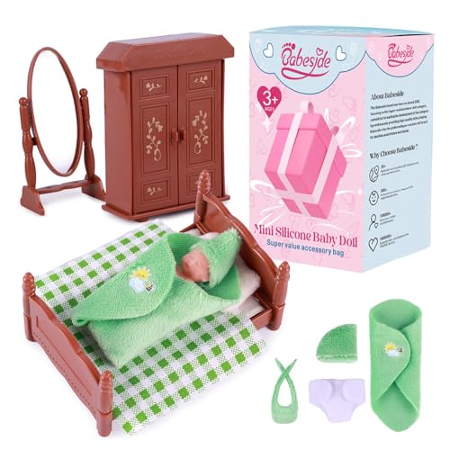 BABESIDE Mini-Ganzkörper Silikon Reborn Babypuppen 3 Zoll winzige Silikon-Babypuppen, weiche Babypuppe, schlafende Neugeborene realistische Mini-Puppen mit Möbelzubehör und Lätzchen (grün) von BABESIDE