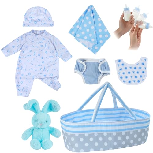 BABESIDE Reborn Puppen Zubehör mit Stubenwagen für 17-22 Zoll Realistisches Baby Puppe, Reborn-Baby Puppen Kleidung Outfit Zubehör passen Lifelike Baby Puppe (8 Pcs,Blue Boy) von BABESIDE