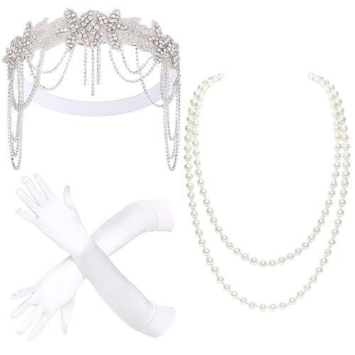 BABEYOND 1920er Jahre Accessoires für Frauen - Great Gatsby Accessoires Flapper Stirnband Kopfschmuck Perlenkette Handschuhe für Frauen, Weiss/opulenter Garten, Einheitsgröße von BABEYOND