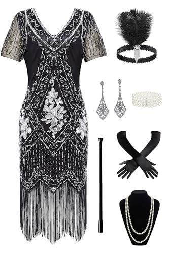 BABEYOND 1920er Jahre Art Deco Fransen Pailletten Kleid Brüllend 20er Jahre Flapper Kostüm, Set – Schwarz und Silber, Large von BABEYOND