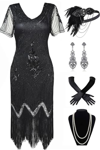 BABEYOND 1920er Jahre Art Deco Fransen Pailletten Kleid Set Brüllend 20er Jahre Flapper Kostüm Gatsby Kostüm Kleid Set, Set - Schwarz, L von BABEYOND